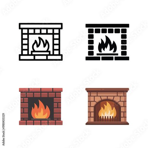 Fireplace icons collection, cozy hearth set, winter party backdrop, christmas eve invitation graphic, home comfort theme, event branding, vector illustration