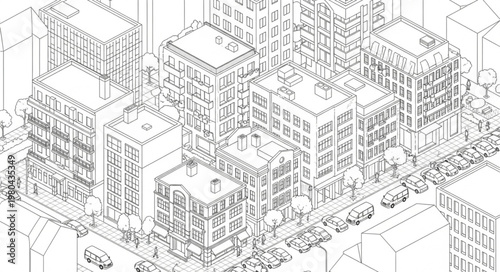 Aerial view sketch of a dense urban city block with buildings and streets.