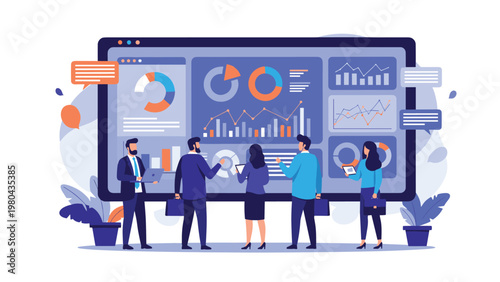Data analysis and business intelligence concept with diverse team of professionals monitoring real time statistical charts on giant dashboard.