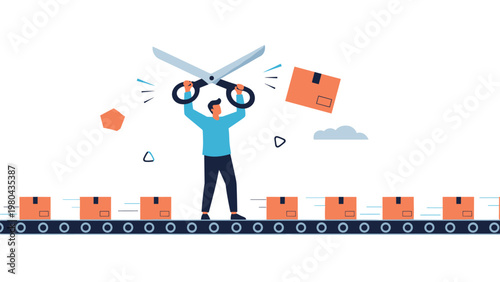 Business cost cutting and optimization concept featuring man using giant scissors to cut shipping boxes on industrial conveyor belt.