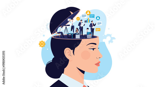 Mental workload and multitasking business management concept showing detailed office scene with multiple professionals inside a womans head.