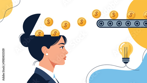 Creative process showing gold coins flowing from a conveyor belt into a woman's open head representing mental investment.