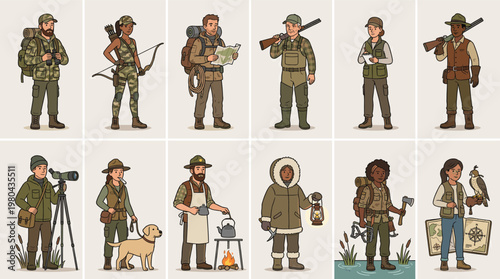 Military soldier character set with camouflage uniforms, rifles, binoculars and service dog in flat vector illustration isolated on white