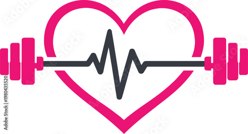 A modern fitness logo featuring a heart shape combined with a barbell and ECG heartbeat line. This creative design represents cardio training, heart health, strength, and wellness. Perfect for gyms, f