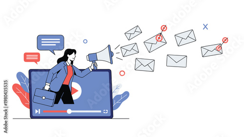 Businesswoman emerging from a laptop screen with a megaphone as envelopes fly out representing digital email marketing.