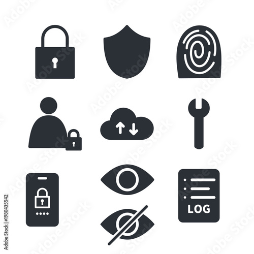 セキュリティ機能を表すシンプルなモノクロアイコンセット