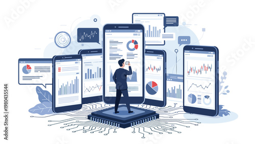 Professional man standing on a microchip surrounded by multiple smartphones displaying financial data and market charts.