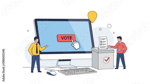People participating in a digital election by voting on a computer screen and placing paper ballots into a box.
