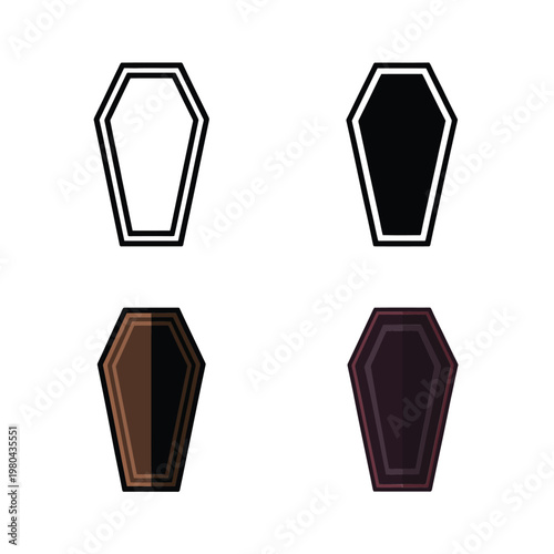 Coffin icons set in multiple styles and colors, spooky burial graphics for Halloween invitations, escape room posters, horror decoration projects