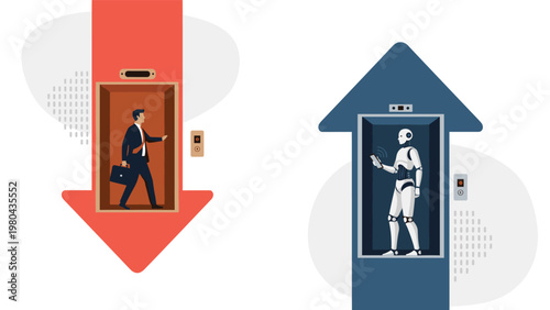 Illustration of human labor declining while artificial intelligence and robotic automation rise in the modern workforce.