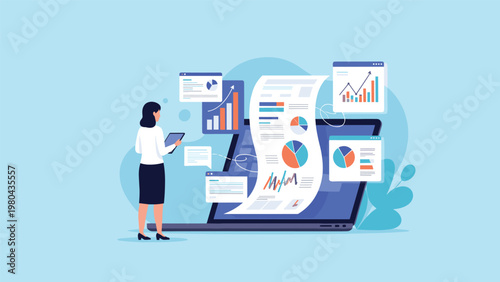 Woman analyzing business statistics and financial data on a large laptop screen with various floating chart windows.