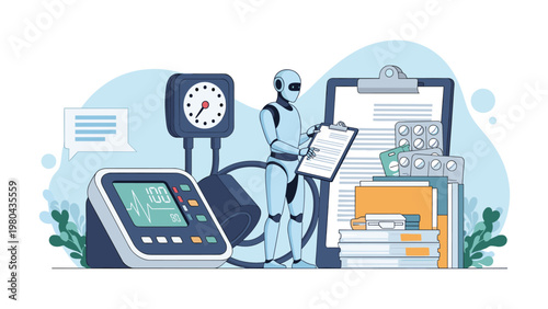 Humanoid robot assistant reviewing medical charts and prescriptions next to health monitors and clinical supplies.