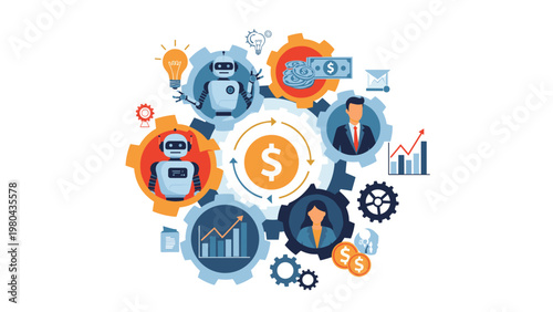 Complex system of gears connecting people, robots, money, and ideas to represent a functioning modern digital economy.