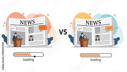Comparison between two different news sources with loading bars representing the speed and delivery of online media.