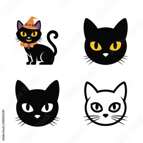 Black cat icons set, halloween kitten faces, witch familiar mascot, spooky pack, invitation graphics, sticker clipart, vector illustration, fall decor