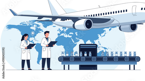 Mass production of vaccine vials on a conveyor belt with doctors and an airplane ready for global distribution.