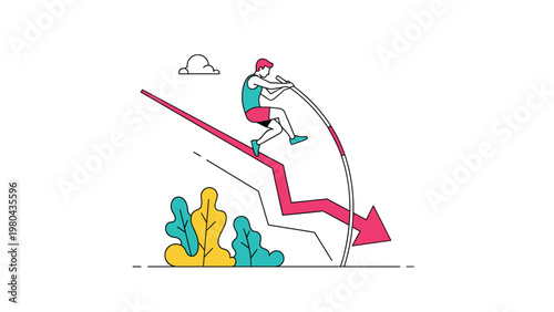 Professional athlete performing a pole vault over a declining red arrow representing a successful recovery from a crash.