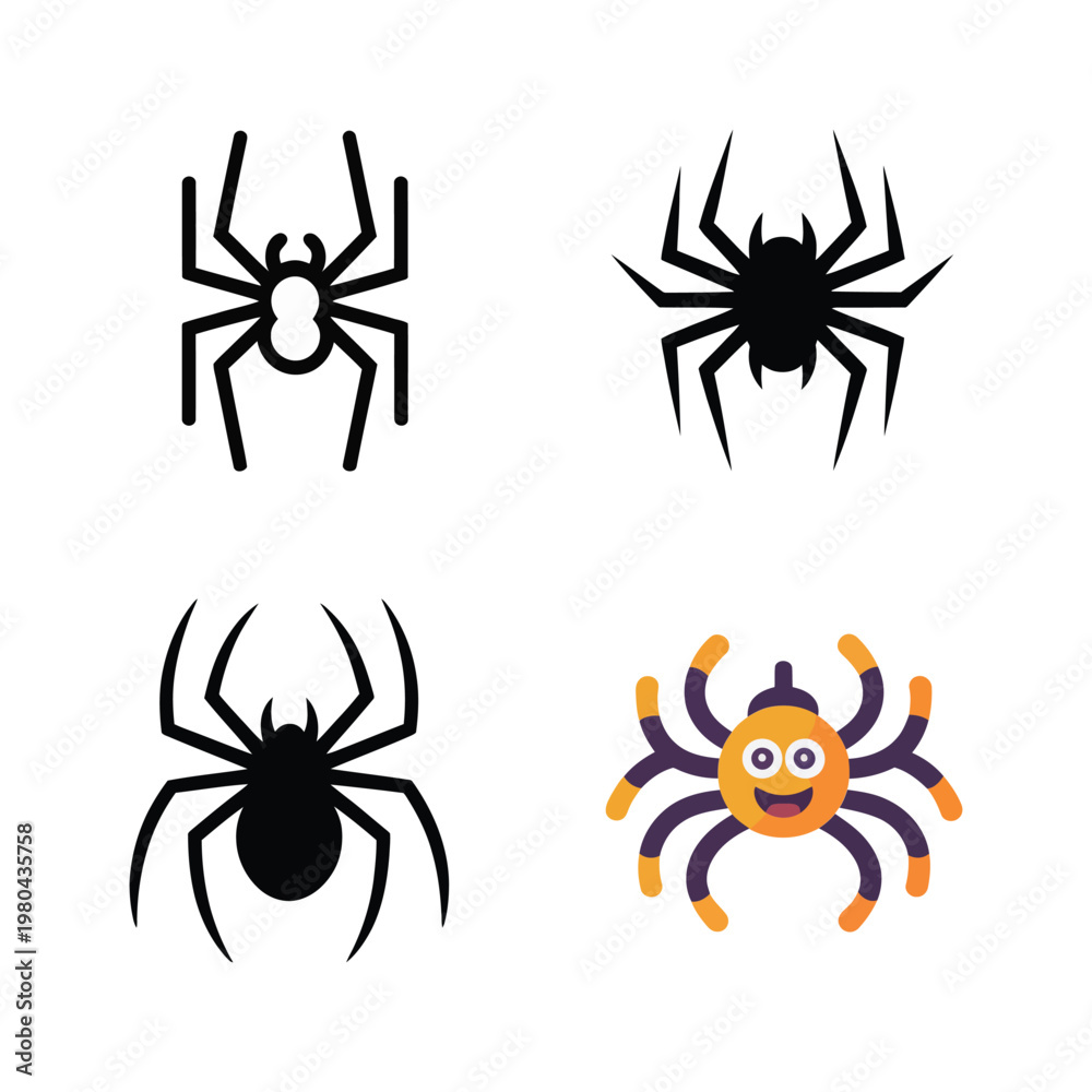 Obraz premium Spider character icons, cute and scary mix, halloween classroom craft, fall festival sticker pack, party graphic, cartoon vector illustration set