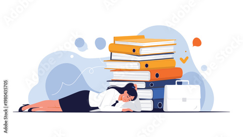 Exhausted businesswoman sleeping on a large stack of office files representing overwork and high stress levels.