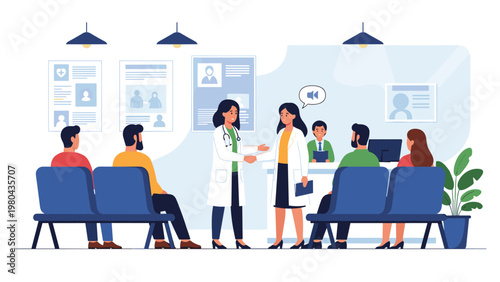 Female doctors shaking hands in a clinic waiting room while several patients wait for their scheduled medical appointments.