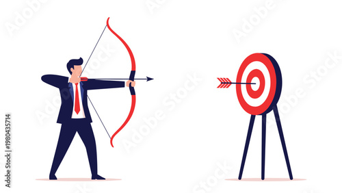 Professional businessman aiming his bow and arrow at a target, representing goal setting, career focus, and achieving success in business.