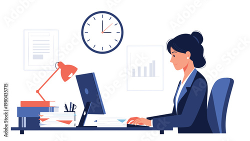 Focused business woman working diligently on her computer at an office desk with a wall clock and lamp, symbolizing time management.