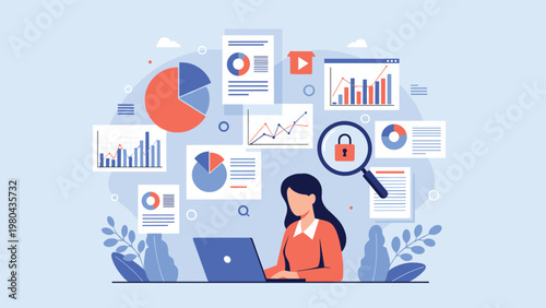 Successful businesswoman analyzing complex financial data and security metrics on her laptop, surrounded by infographic charts and graphs.