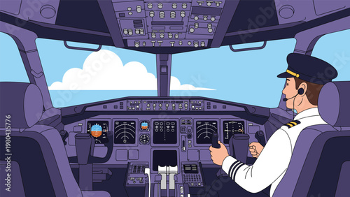 Realistic view from a commercial airplane cockpit with a pilot at the controls, flying through a clear blue sky with white fluffy clouds.