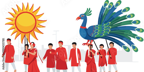 Illustration of a vibrant cultural parade with participants holding a giant sun and a colorful peacock float, depicting a traditional celebration.