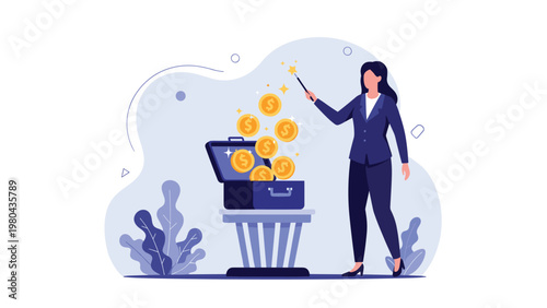 Powerful businesswoman using a magic wand to generate gold coins from an open briefcase, symbolizing financial growth and successful deals.
