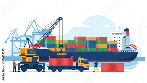Busy industrial shipping port with a massive cargo ship being loaded by tall cranes and trucks, illustrating global trade and logistics.