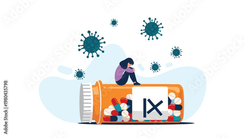 Mental health awareness illustration of a lonely woman sitting on a giant medicine bottle surrounded by virus particles during a pandemic.