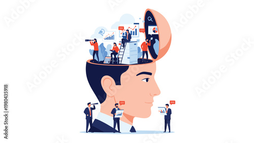 Conceptual illustration of a man's head opened to reveal multiple small workers performing various business and analytical tasks together.