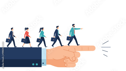 Strong leadership and career guidance concept featuring a group of business people walking along a giant finger pointing the way forward.