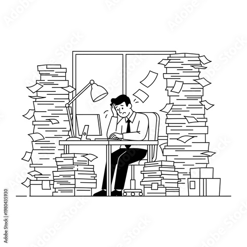 Stressed Businessman Overwhelmed by Massive Piles of Paperwork