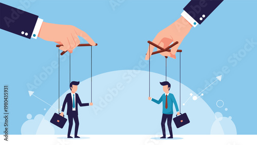 Critical concept of corporate manipulation showing two giant hands controlling business people as puppets with strings on a blue background.
