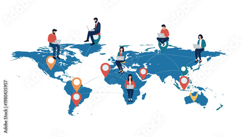 Global remote work and digital nomad concept showing diverse people working on laptops from different locations on a world map with pins.