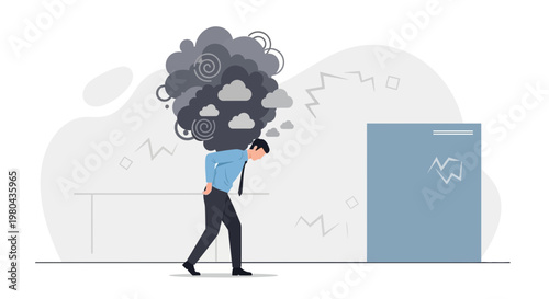 Man carrying heavy burden of dark clouds and stress, symbolizing mental health issues and pressure