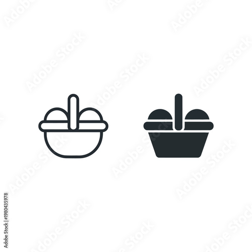 Picnic basket icon pair with simple handles, food hamper symbols for picnic day flyers, park event graphics, travel lunch branding