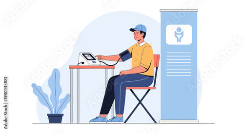 Man checking blood pressure at health screening event, health checkup concept