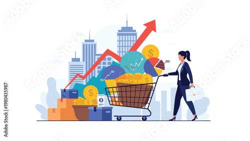 Economic prosperity and shopping concept showing a businesswoman pushing a cart full of money and charts past city buildings and bar graphs.
