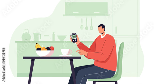 Man checking blood sugar level at home, diabetes management, healthy lifestyle