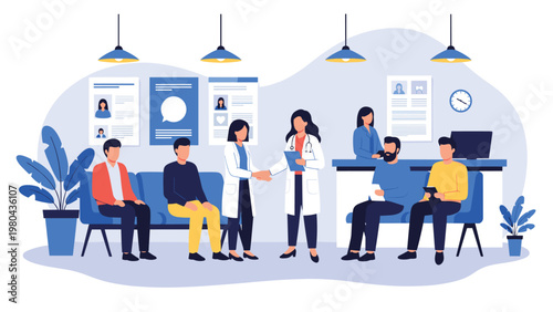 Medical doctors shaking hands in clinic waiting room while diverse patients sit on chairs waiting for their consultation.