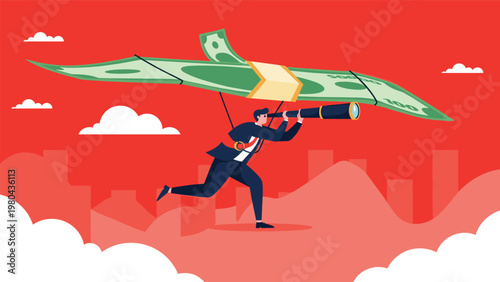 Businessman flying with large dollar bill as glider while looking through telescope to find new financial opportunities.