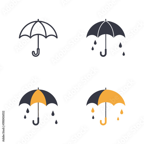 Rainy day umbrella collection with gentle raindrops, weather forecast symbols for monsoon graphics, city events, safety posters, school projects