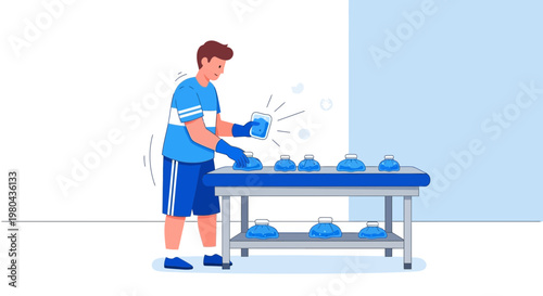 Man cleaning small blue cars on a conveyor belt, factory production line concept