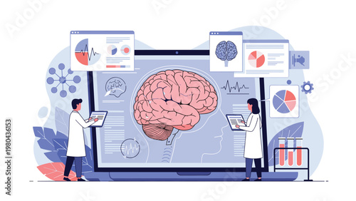 Medical researchers in lab coats analyzing human brain on large laptop screen with various clinical charts and data diagrams.