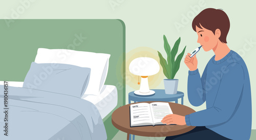 Man checking temperature with thermometer, writing in journal by bedside table with lamp and plant