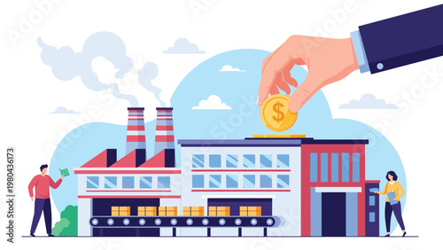 Giant hand putting large gold coin into factory building representing industrial investment and manufacturing funding.