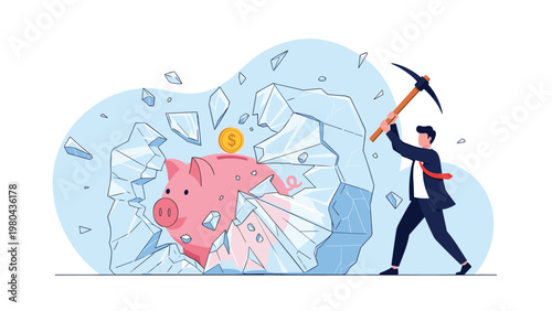 Businessman using pickaxe to break ice block and reveal piggy bank with coin for financial recovery and savings access.